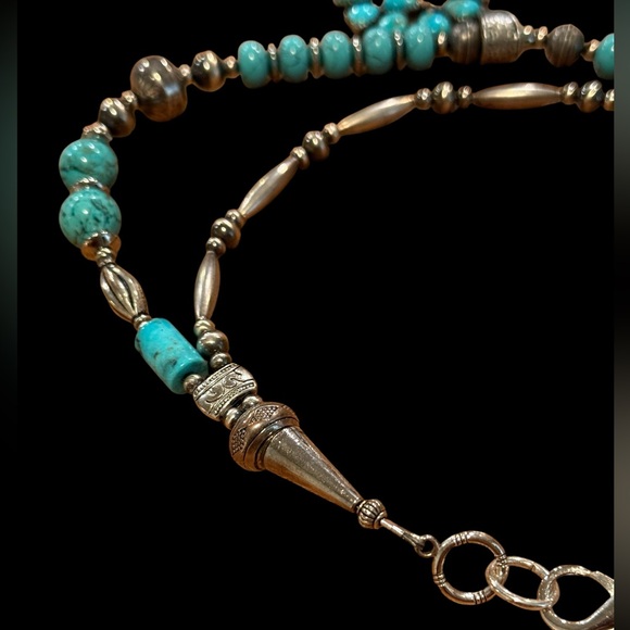 Vintage Sterling Silver Navajo Pearls Turquoise Squash Blossom Necklace - Picture 10 of 15